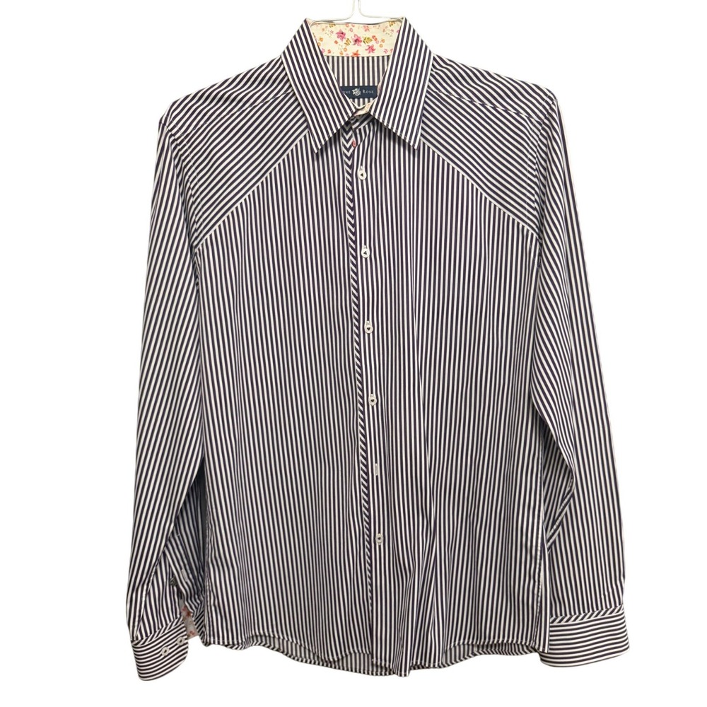 Stone Rose Mens Purple White Stripe Floral Trim Dress Shirt Button Down Sz‎ 3